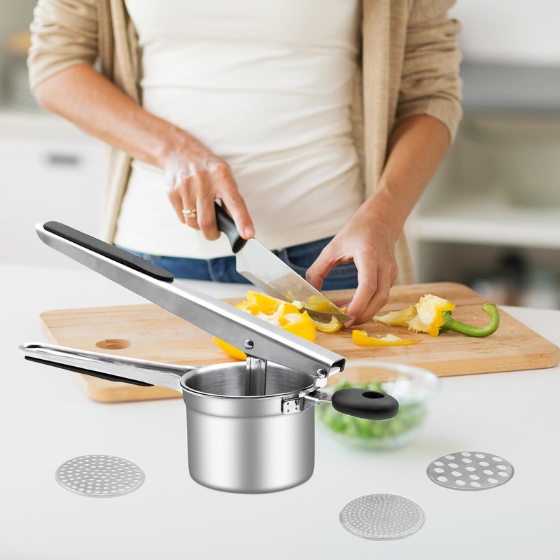 BSDLZCH Heavy-Duty Potato Masher with 3 Interchangeable Cutter Plates, Food-Grade