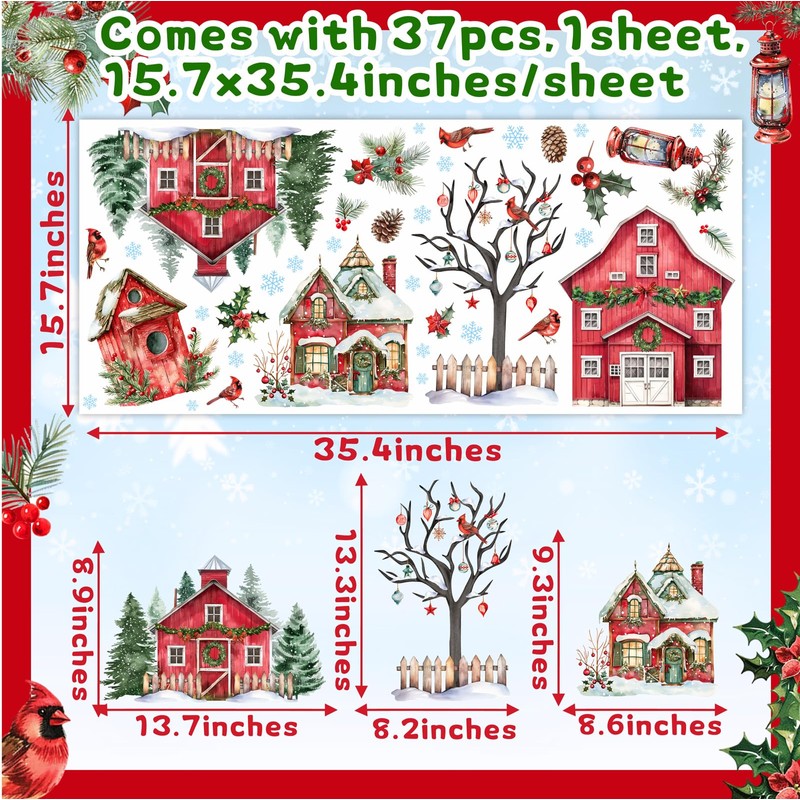 Christmas House Wall Stickers Waterclor Winter Snow Bird Tree House