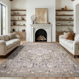 PURRUGS Vintage Farmhouse Boho Large Area Rug 8x10 ft, Non-Slip Machine Washable Rug, Accent Oriental Rug for Living Room, Dining Room, Bedroom, Entryway and Kitchen, Taupe/Vanilla