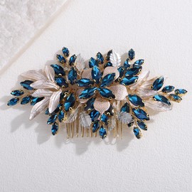 Lenjicons Vintage Flower Leaf Peacock Blue Rhinestone Hair Comb Golden Flower Leaf Wedding Headpiece Rhinestone Wedding Hair Comb Teardrop Crystal Bridal Headpiece for Women (peacock blue)
