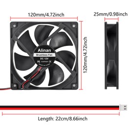 Alinan 2pcs 12025 120mm x 25mm 12V 5 inch Dual Ball Bearings Brushless Fan 2Pin DC Cooling Exhaust Fan for Radiator DIY Air Exhaust Vent Cooling