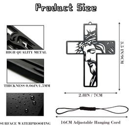 Zckjnoi Matte Black Iron Christian Cross – Hanging Crucifix with Jesus Figure – Religious Rearview Mirror Charm or Home Décor – Faith-Inspired Ornament with Natural Brown Cord