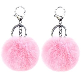Xsclpomddy 2 Pieces Pom Pom Keychains Artificial Fur Ball Keychain Fluffy Keyring Tote Pendant Car Bag Charm,pink