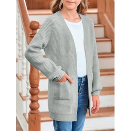 Girls Long Sleeve Cardigan Casual Open Front Lantern Sleeve Smoke Cuff Knit Sweater with Pockets for Kids 5-14 Years Grey
