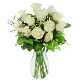 KaBloom PRIME NEXT DAY DELIVERY - Bouquet of Heavenly White Roses: 12 White Roses and Lush Greens with Vase.Gift for Birthday, Sympathy, Anniversary, Thank You, Valentine, Mother’s Day Fresh Flowers