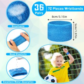 Leyndo 72 Pcs Wrist Sweatbands Bulk for Kids Field Day Cotton Terry Sweat Bands Sports Fan Wristbands Kids for Summer Camp Student Football Team Competition Party (Cyan, Sapphire Blue, Red, Orange)