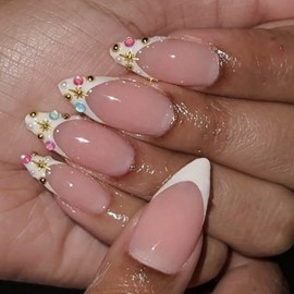 Gifiky 24Pcs French Tip Press on Nails - Short Almond False Nails with Acrylic Crystal Gem Design,Nude Fake Nails for Women,Reusable Glue on Nails Full Cover Tips