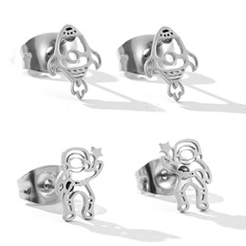 2 Pair/Set Stainless Steel Moon Star Spaceman Astronaut Rocket Spaceship Stud Earrings Sets for Women Cartoom Spacecraft Planet Earring Jewelry (Silver)