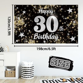 Nelbiirth Happy 30th Birthday Decorations,30th Black & Silver Dream Star Large Birthday Banner Backdrop Sign - Cheers to Thirty Years Old Bday Party Decoration.