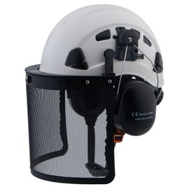 LOHASWORK Safety Hard Hat ANSI Z89.1 Approved,Adjustable Safety Helmet with Earmuff and Face Shield,Construction Work Forestry Aborist Helmet(092-1White+Earmuff+Shield)