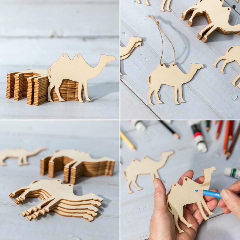 40Pcs Camel Shape Wooden Blank Camel Wood with Twines Art