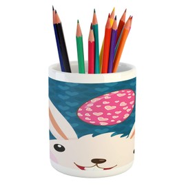 Ambesonne Bunny Pencil Pen Holder, Eastern Rabbit with a Love Themed Egg on Repetitive Hearts Pattern, Ceramic Pencil Holder for Desk Office Accessory, 3.6" X 3.2", Petrol Blue Pink and Blush