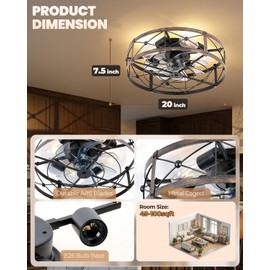 Sewterolyn Ceiling Fans with Lights and Remote, 20 inch Industrial Flush Mount Ceiling Fan with 6 Speeds，Modern Silent Fan Lights Ceiling Fixtures for Kitchen, Bedroom,Indoor (Matte Black)
