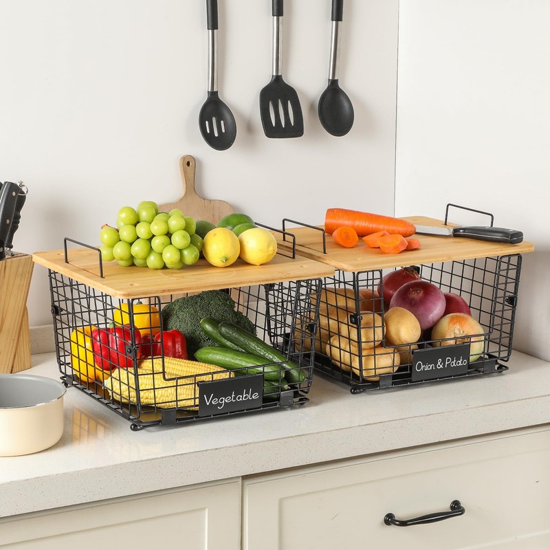 2 Set XXL Stackable Wire Basket with Bamboo Tops &
