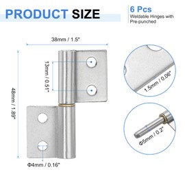 sourcing map 6Pcs 2" x 1-1/2" (LxW) 304 Stainless Steel Weldable Hinges with Pre-Punched Lift Off Hinge Flag Hinges Detachable Door Hinges for Metal Gate Swing Door Trailer Ramp, Silver
