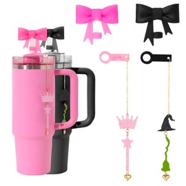 LMLVHH 4Pcs Pink & Black Cup Accessories Set – Magical Princess & Witch Straw Charms with Bow Covers, Gifts for Fans & Best Friends