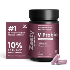 Zesty Nutrition V Probió Ultra  12 Cepas Probióticas con 80 Billones CFU  Apoyo Diario al Bienestar Femenino  60 Cápsulas  Hecho en México            