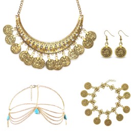 Oerphh Pack of 5 Women's Jewellery Fortune Telling Accessories, Fortune teller Jewellery Set with Golden Head Chains, Boho Style Necklaces, Bracelets, Earrings, Belly Dance Costume Jewellery for Theme