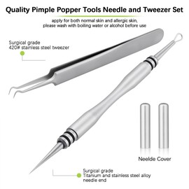 VOGARB Professional Facial Milia Blackhead Remover Tool, Double Ended Titanium Alloy Sharp Pointed Needle and Tweezers Kit with Case, Blemish, Zit, Pimple and Acne Removal Popper (Silver)