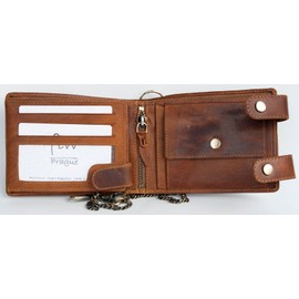 FLW Men's Biker Natural Leather Wallet with a Metal Chain with a Shark, dark brown, Casual