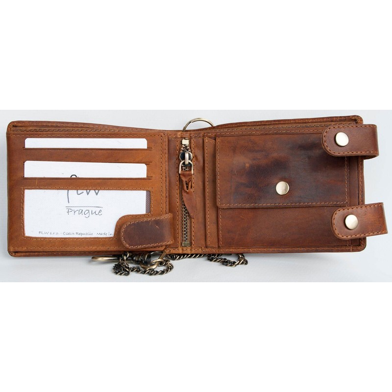 FLW Men's Biker Natural Leather Wallet with a Metal Chain