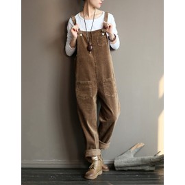 Lentta Fall Fashion Corduroy Overalls For Women Adjustable Straps Bib Corduroy Jumpsuit（Brown-L）