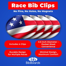 bibSNAPS Race Bib Clips - Safety Lock Fasteners - Secures Running, Marathon, Cycling and Event Number, Non Magnetic, Easy to Use, Soft & Reusable - Replacement for Pins & Magnets - USA Flag (4pcs)