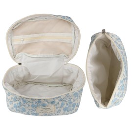 NATINSA Cute Makeup Bag for Women(2 Pcs), Travel Cosmetic Bags, Quilted Coquette Aesthetic Floral Toiletry Organizer Bag (NavyBlue Flower)