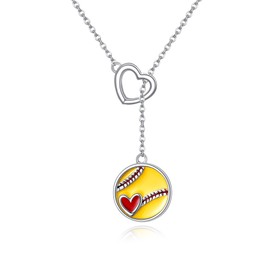 URONE Softball Necklace Sterling Silver Softball Heart Larait Bar Y Lariat Long Chain Pendant Sports Mom Jewellery Gifts for Women