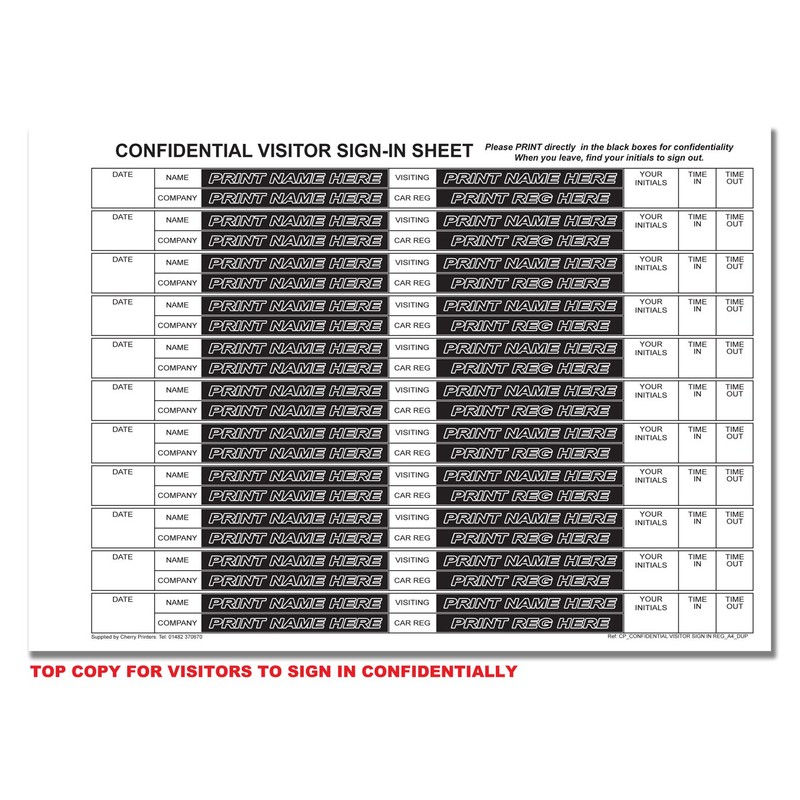 Cherry Carbonless NCR GDPR Compliant Confidential Visitor Sign with CAR