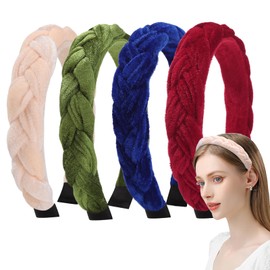 Nenjindz Pack of 4 Velvet Braided Headbands for Women, Fashion Vintage Padded Headbands, Soft Wide Twisted Knotted Headbands, Women's Traditional Costume Hair Bands for Women Girls
