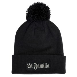 No Face No Name La Familia Winter Hat in Black with Bobble I Unisex I Embroidered Patch I Bobble Hat Beanie Knitted Hat Wool Hat I Oldschool Tattoo Loca, black