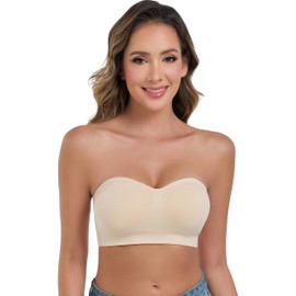 ANGOOL Strapless Bras for Women Wirefree Non-Slip Tube Top Invisible Bralette Seamless Padded Bandeau Bra, Beige, XL