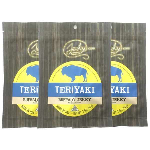 Jerky.com's Teriyaki Buffalo Jerky - 3 PACK - The Best Wild Game Bison Jerky on the Market - 100% Whole Muscle Buffalo - No Added Preservatives, No Added Nitrates and No Added MSG - 5.25 total oz.
