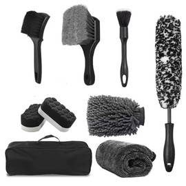 Asweir 9-Piece Car Cleaning Kit, Including Wheel Cleaning Brush, Microfiber Cleaning Cloth, Soft Bristle Rim Brush, Tire Shine Applicator Pad, and Complete Car Detailing Tools