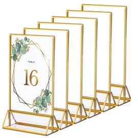 Dezzer Acrylic Gold Sign Holder, 6 Pcs 4 x 6 Inch Clear Acrylic Holder, Display Stand for Table Menu, Double Sided Table Display Stand for Wedding Table Numbers, Banquet, Restaurant Signs Display