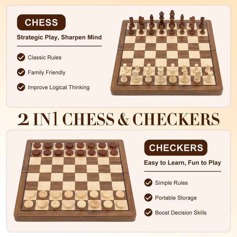 2 in 1 Magnetic Wooden Chess and Checkers Board Game