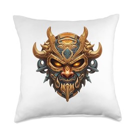 Scary Golden Yokai Oni Mask Japanese Anime Warrior Throw Pillow