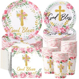 Pickmesh 250 Pcs Baptism Cross Disposable Tableware Set First Holy Communion Baptism Disposable Paper Plates Napkins and Cups for Christening Celebration Baby Shower Religious Party Supplies