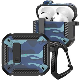 CCSmall for AirPods 4th Case Camouflage with Carabiner Keychain, Full Body Shockproof Protection Cover with Secure Lock Case for AirPods 4 Gen,Camo Blue