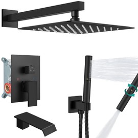 Aolemi Shower System with Tub Spout and Valve, 10-Inch Square Wall Mounted Rainfall Shower Head, Bathtub Shower Faucet Set with 2-Function Handheld Sprayer, Matte Black