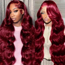 22inch 99j Burgundy Lace Front Wigs Human Hair Pre Plucked 180% Density 13x6 Body Wave HD Transparent Lace Frontal Glueless Wigs Human Hair Red Wigs For Black Women Natural Hairline with Baby Hair