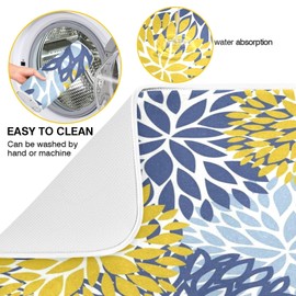 Kcldeci Blue Yellow Floral Dish Drying Mat for Kitchen 16x18 inch Drying Pad Dish Drainer Mat Dish Rack Drainer Pad For Kitchen Counter