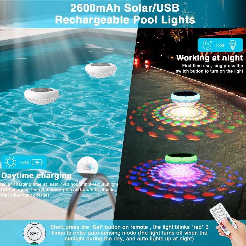 Solar Floating Pool Lights, USB Rechargeable Pool Lights with Remote,
