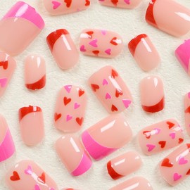 Valentines Day Press on Nails Pink Red Heart French Tip Fake Nails Love Acrylic Stick on Nails Glue on Nails for Women Girls Full Cover Acrylic Artificial False Stick on Nail for Wedding 24Pcs