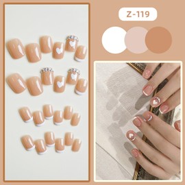 Vezocim French Press on Nails Square Short, 24Pcs Glossy Nude Artificial Fake Nails with Heart and Rhinestone Designs, Full Cover Acrylic Coffin False Fingernails with Charm for Women Girls