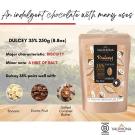 Valrhona Premium French Baking Blonde Chocolate Discs (Feves). DULCEY 35% Cacao. Creamy, Caramel Cookie Flavor Notes. Easy Melt & Tempering. Creamy, Balanced, For Luscious Frostings. 250g (Pack of 1)