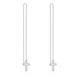 KZX Cross Threader Earrings for Women Sterling Sliver Womens Long Chain Cross Threader Dangle Earrings Gift for Mother Wife, Sterling Silver, Created Zircon