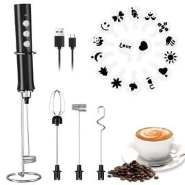 FITNATE Rechargeable Milk Frother with Stand, Handheld Milk Frother with 3 Stainless Whisks, 3 Speeds Drink Mixer Foam Maker for Coffee, Latte, Cappuccino, Hot Chocolate, Egg