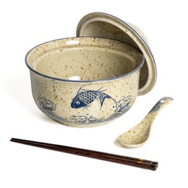 Niturceal Ceramic Ramen Bowl Set Ramen Noodle Bowl with Lid 27oz Japanese Retro Style Soup, Pho, Udon Bowls, Matching Spoons and Chopsticks for Microwave & Dishwasher Safe, Fish